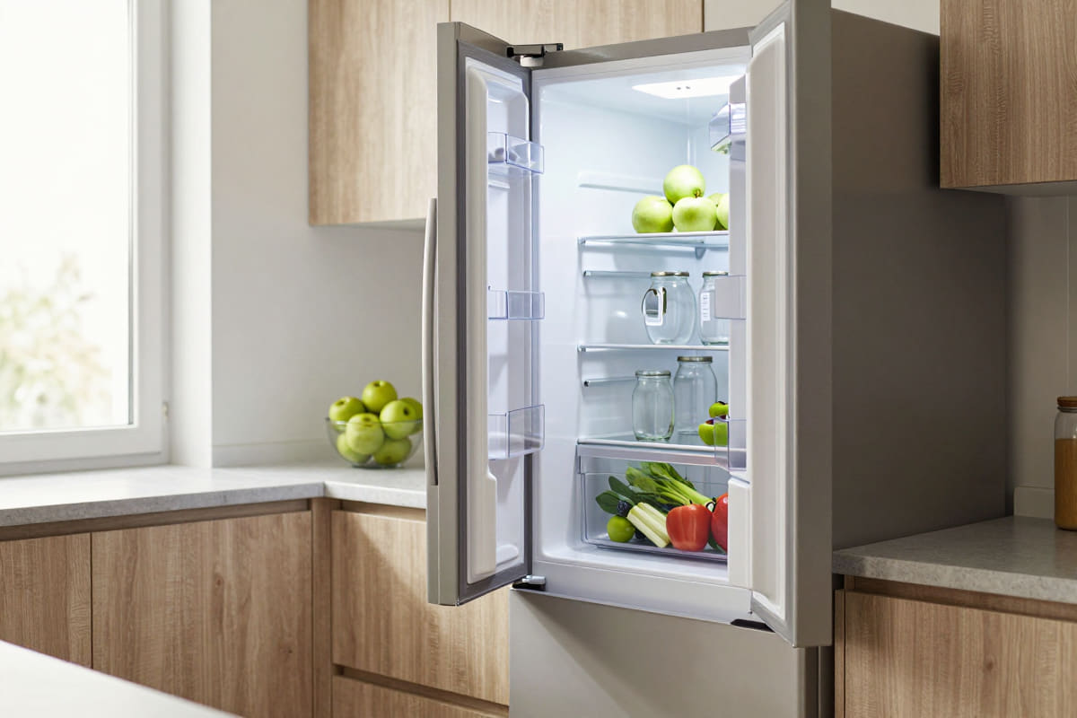 Blick in einen geöffneten Kühlschrank mit Äpfeln, Gläsern und frischem Gemüse