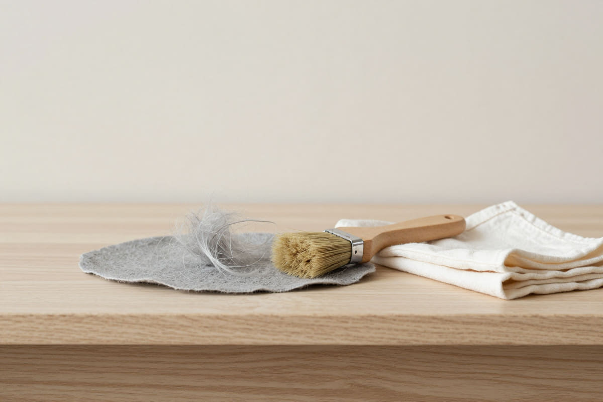 Eine dünne graue Flusenschicht, ein Pinsel mit Holzgriff und ein gefaltetes Baumwolltuch auf einem hellen Holzbrett