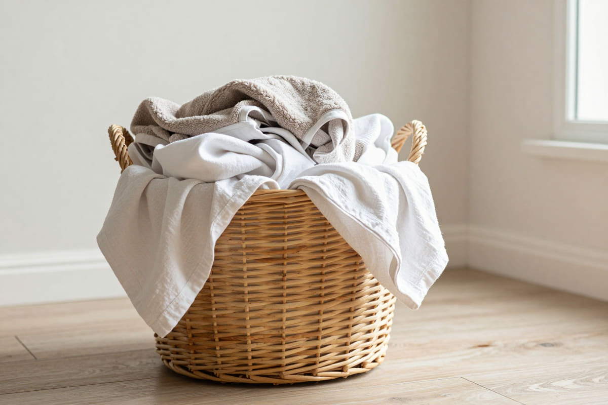 Ein geflochtener Weidenkorb auf einem hellen Holzboden, randvoll mit frisch gewaschenen, zerknitterten weißen und grauen Handtüchern und einem Leinenlaken